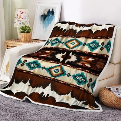 Western Cowhide Aztec Pattern Blanket: Rustic Tribal Design