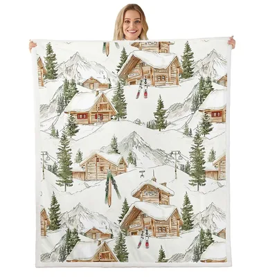 Snowy Cabins in Mountains Blanket: Rustic Lodge and Ski Resort Pattern