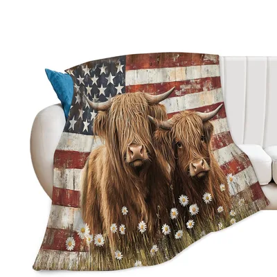 Highland Cows with American Blanket: Rustic Flag Design