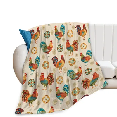Rooster Farm Pattern Blanket featuring colorful illustrated roosters
