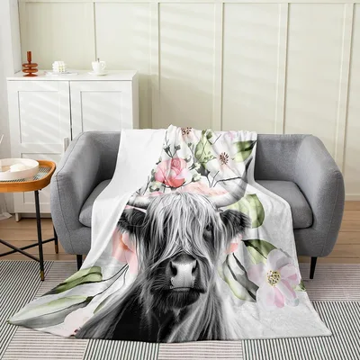 Highland Cow with Flowers Blanket: Shaggy Hair and Pink Blooms