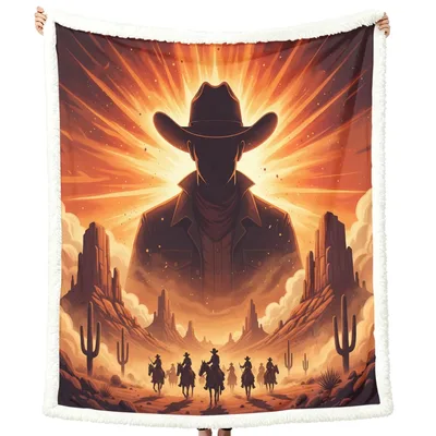Western Desert Rider Sunset Blanket: Cowboy Silhouette Art