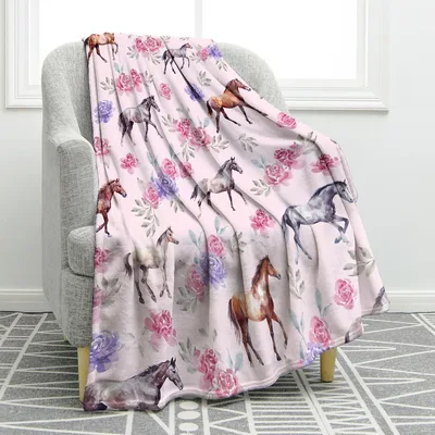 Horses with Pink Flowers Blanket: Watercolor Equestrian Design
