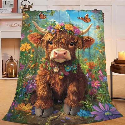Highland Cow with Flower Blanket: Fluffy Calf in a Wildflower Meadow