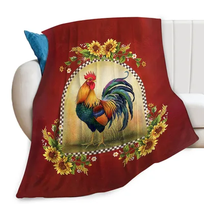 Rooster with Sunflowers on Red Blanket: Farmhouse Charm