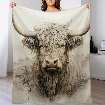 Highland Cow Sketch Art Blanket: Detailed Portrait of a Shaggy Bovine
