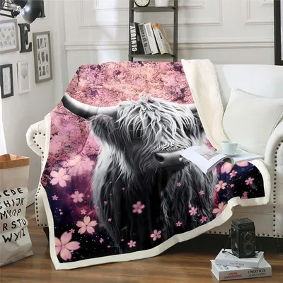 Highland Cow Among Cherry Blanket: Shaggy Bull in Pink Blossoms