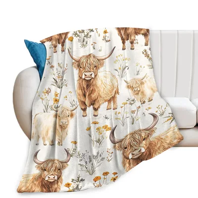 Highland Cows Floral Pattern Blanket: Shaggy Cattle and Wildflowers