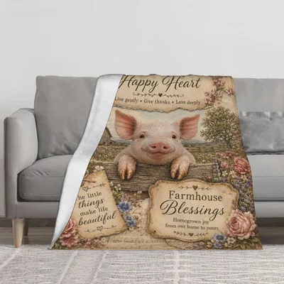 Farmhouse Pig Blessings Blanket: Happy Heart and Farm Animal Design