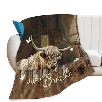 Highland Cow Just Breathe Blanket with Rustic Barn Art