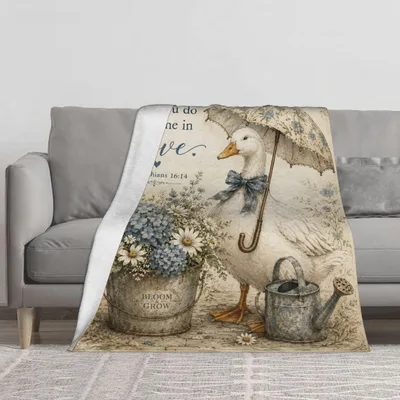 Duck with Umbrella Blanket: Vintage Garden Duck and Flowers Design