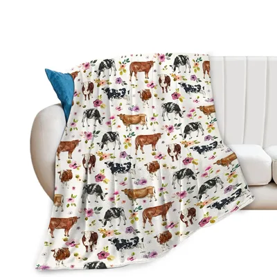 Cows and Flowers Farm Blanket featuring watercolor cattle