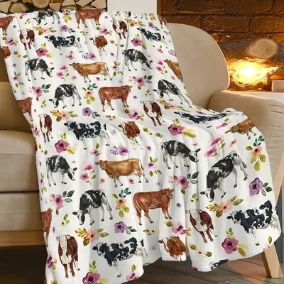 Cows and Flowers Farm Pattern Blanket with Cattle and Floral Print