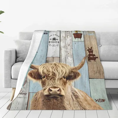 Highland Cow on Wood Planks Blanket Farmhouse Decor Throw