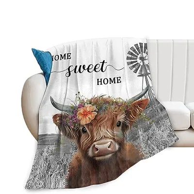 Home Sweet Home Blanket with Highland Cow and Floral Crown
