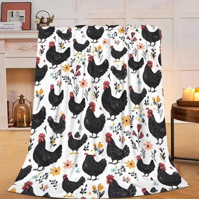 Chickens and Flowers Pattern Blanket: Black Hen and Floral Throw