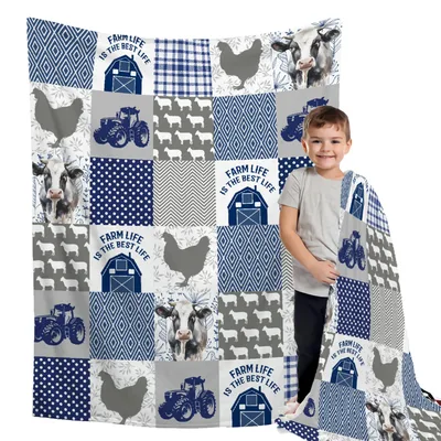Farm Life Blanket: Patchwork Farm Animals and Barns in Blue