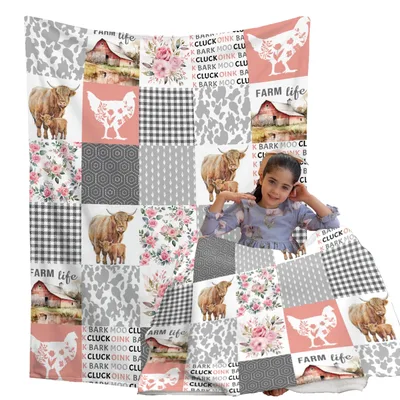 Farm Life Animal Patchwork Blanket Farm Design with Barns and Animals