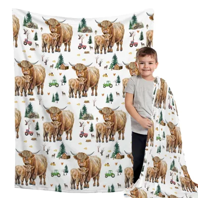 Highland Cattle Blanket: Shaggy Cow and Farm Scene Throw