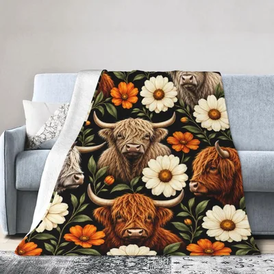 Highland Cows with Flowers Blanket: Shaggy Herd and Floral Pattern