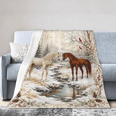 Two Horses in Winter Blanket: Forest Scene with Cardinals