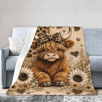 Highland Cow with Sunflowers Blanket: Fluffy Calf and Leopard Print