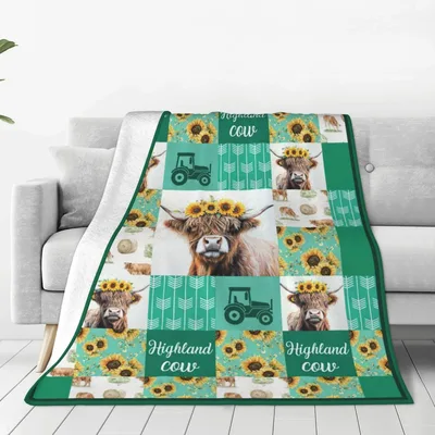 Highland Cows and Sunflowers Blanket featuring a fluffy cow
