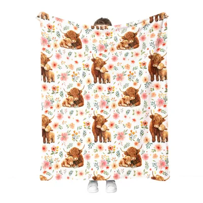 Highland Cattle Floral Pattern Blanket: Shaggy Cow and Flower Art