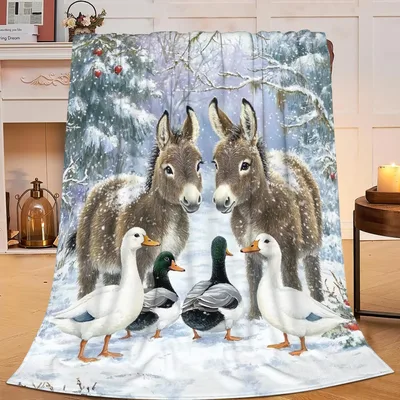 Donkeys and Geese Blanket: Winter Farm Animal Scene
