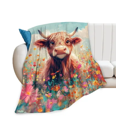 Highland Cow Among Flowers Blanket: Fluffy Cattle in Wildflower Field