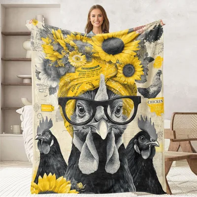 Retro Rooster with Sunflowers Blanket: Hipster Chicken Art Design