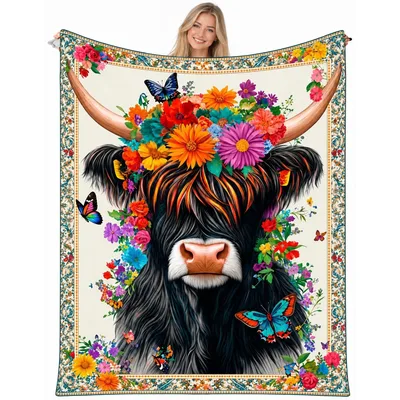 Highland Cow with Flower Blanket: Shaggy Hero Wearing a Crown