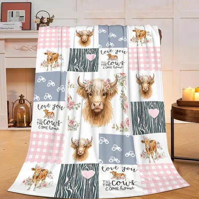 Highland Cow Patchwork Design Blanket for Farm Lovers