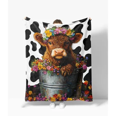 Highland Cow Floral Bucket Blanket: Shaggy Calf in a Flower Pot
