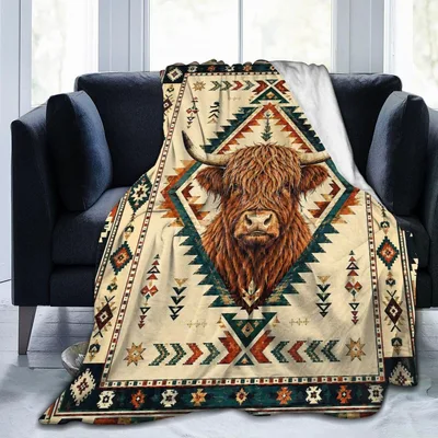 Highland Cow Tribal Pattern Blanket: Western Art with Fluffy Horns