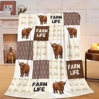Farm Life Highland Cow Blanket features a patchwork print