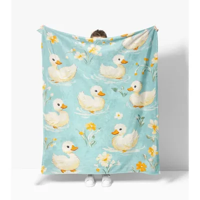 Baby Ducks Spring Pattern Blanket: Watercolor Duck and Flower Design