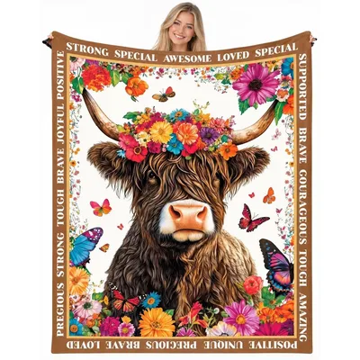 Highland Cow with Flowers Blanket No. 2