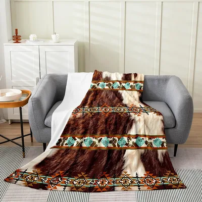 Highland Cow Cowhide Pattern Blanket with Tribal Border Design