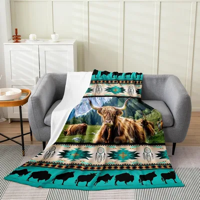 Highland Cow Tribal Scene Blanket featuring a shaggy longhorn