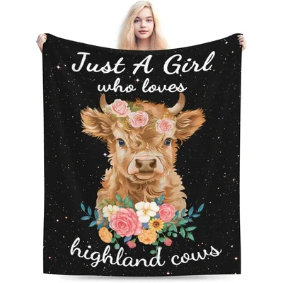 Just a Girl Blanket: Fluffy Highland Cow Design with Roses