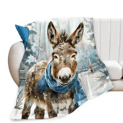 Snow Donkey with Blue Blanket: Winter Donkey Art for Cozy Days