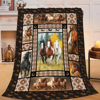 Horses in Ornate Frame Blanket: Equestrian Collage Design for Riders