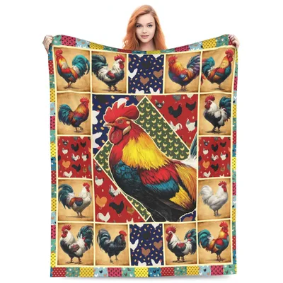Rooster and Chickens Patchwork Blanket: Farmyard Quilt Design