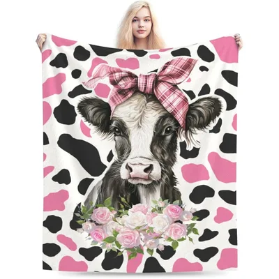 Cow in Pink Bow Blanket: Cute Calf with Plaid Ribbon and Roses