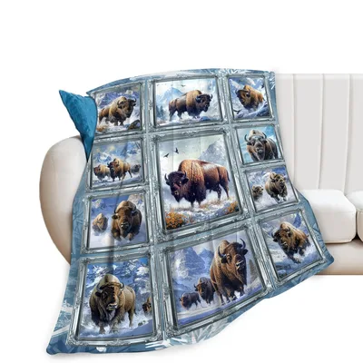 Bison Herd Snow Mountain Blanket: Framed Bison Collage Art