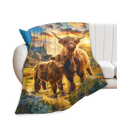 Highland Cows at Sunset Blanket: Fluffy Cattle in Golden Light