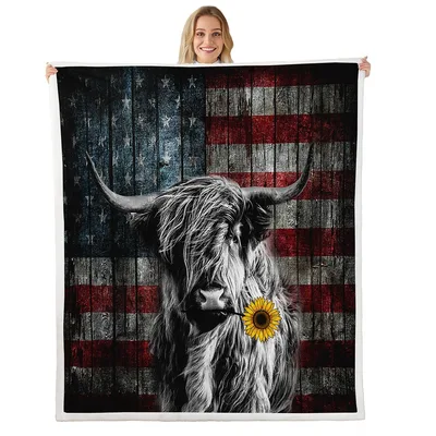 Highland Cow with Sunflower Blanket: Rustic American Flag Art