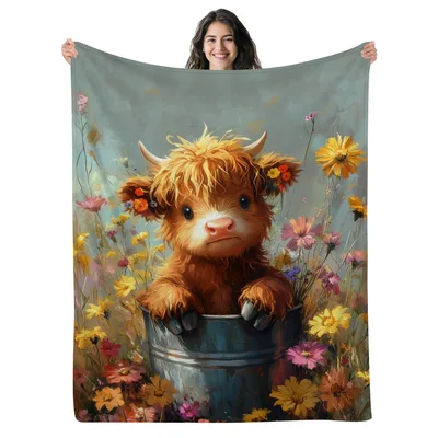 Highland Cow in Bucket Blanket: Fluffy Calf with Wildflowers
