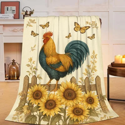 Rooster Among Sunflowers Blanket featuring a vintage rooster
